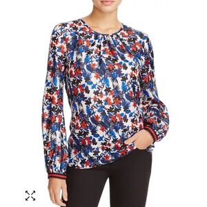 Milly Top Size 2 Mandy Floral Print 100% Silk Blouse Hibiscus